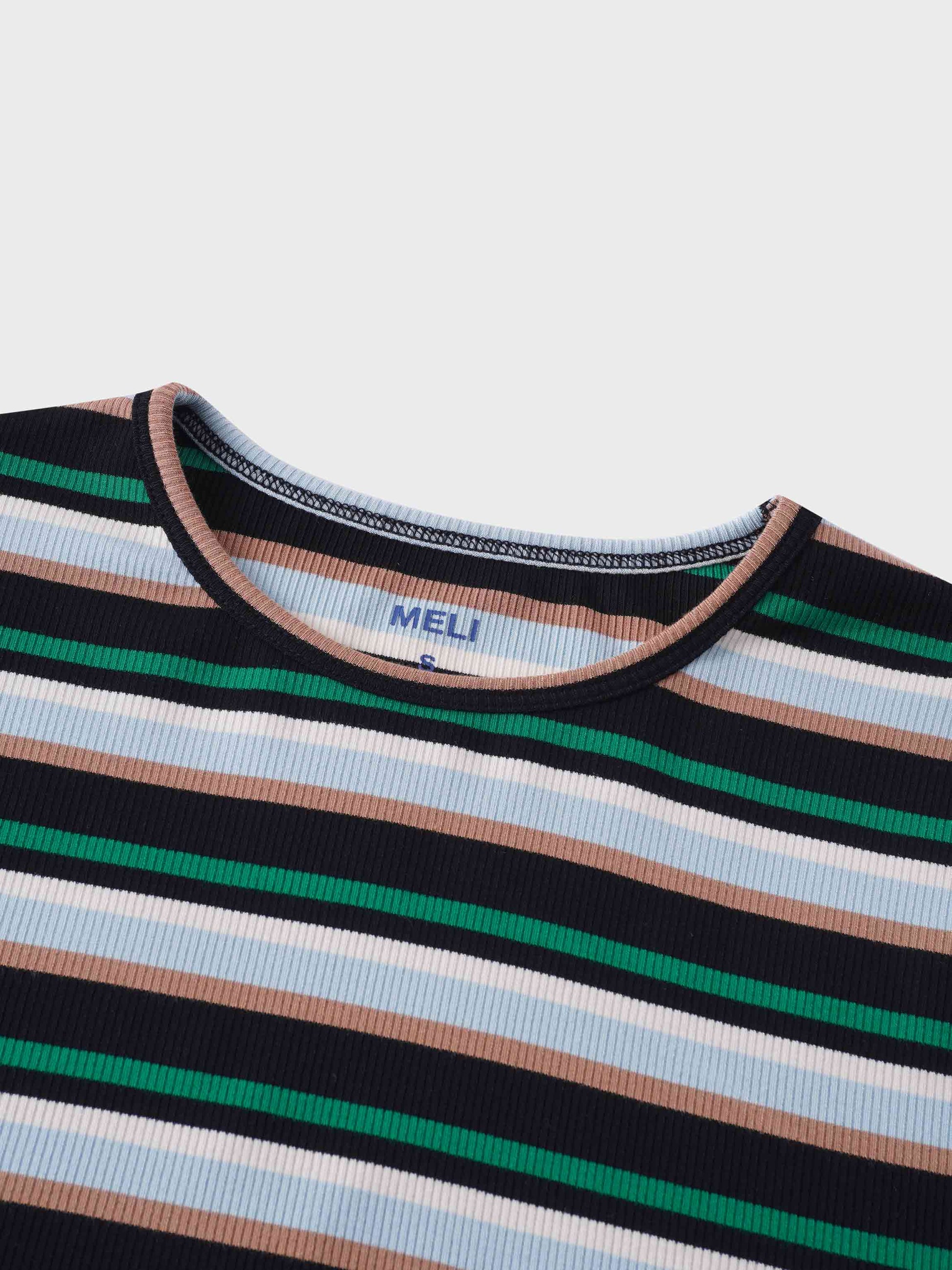 Ribbed Striped Crew 3/4 Sleeve-Green-3