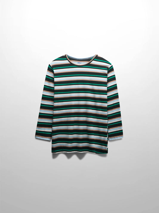 Ribbed Striped Crew 3/4 Sleeve-Green-1