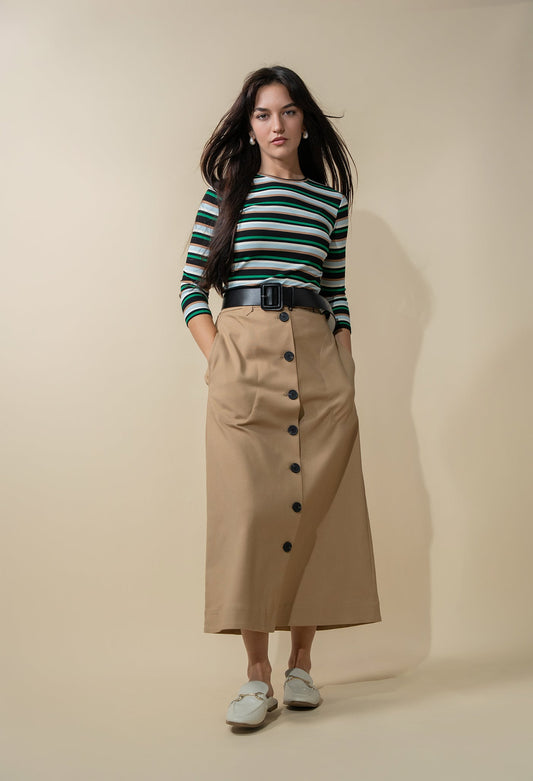 Ribbed Striped Crew 3/4 Sleeve-Green-0